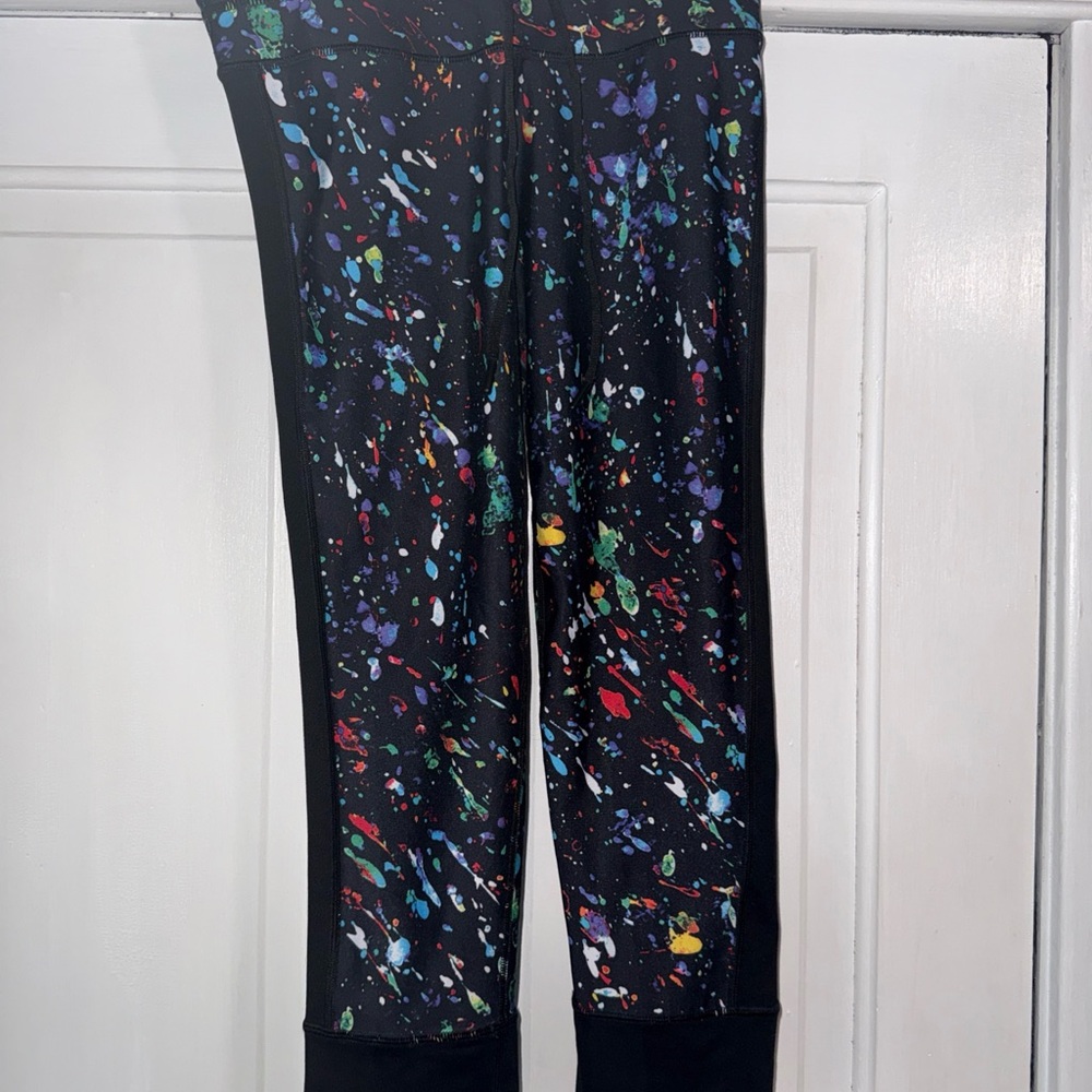 Fabletics Black Leggings with Multicolor Paint-Splash Print